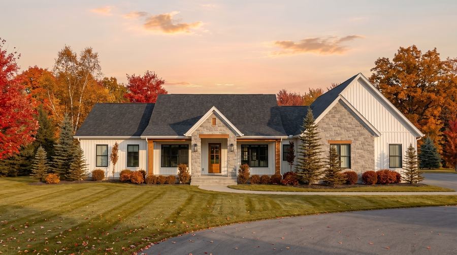 Concept rendering of a white board-and-batten bungalow with stone gables and a wood front door, set on a wide lawn among fall trees